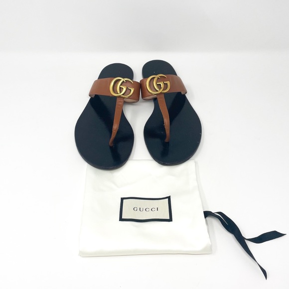 GUCCI Marmont Leather Thong Sandal with Double G EU 36.5 Brown - Picture 4 of 8